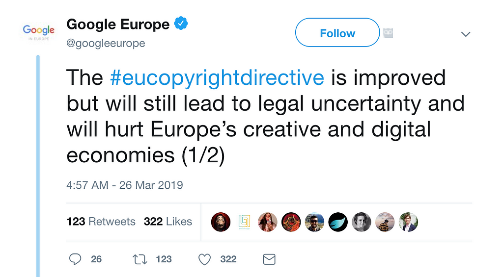 EU copyright article 13 Google tweet