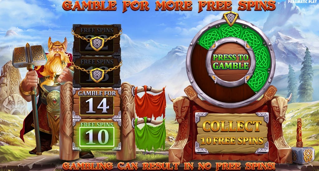 Screenshot of Free Spins Gamble Feature in Power of Thor Megaways — Pragmatic Play