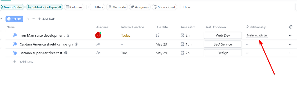 relationship column example in clickup