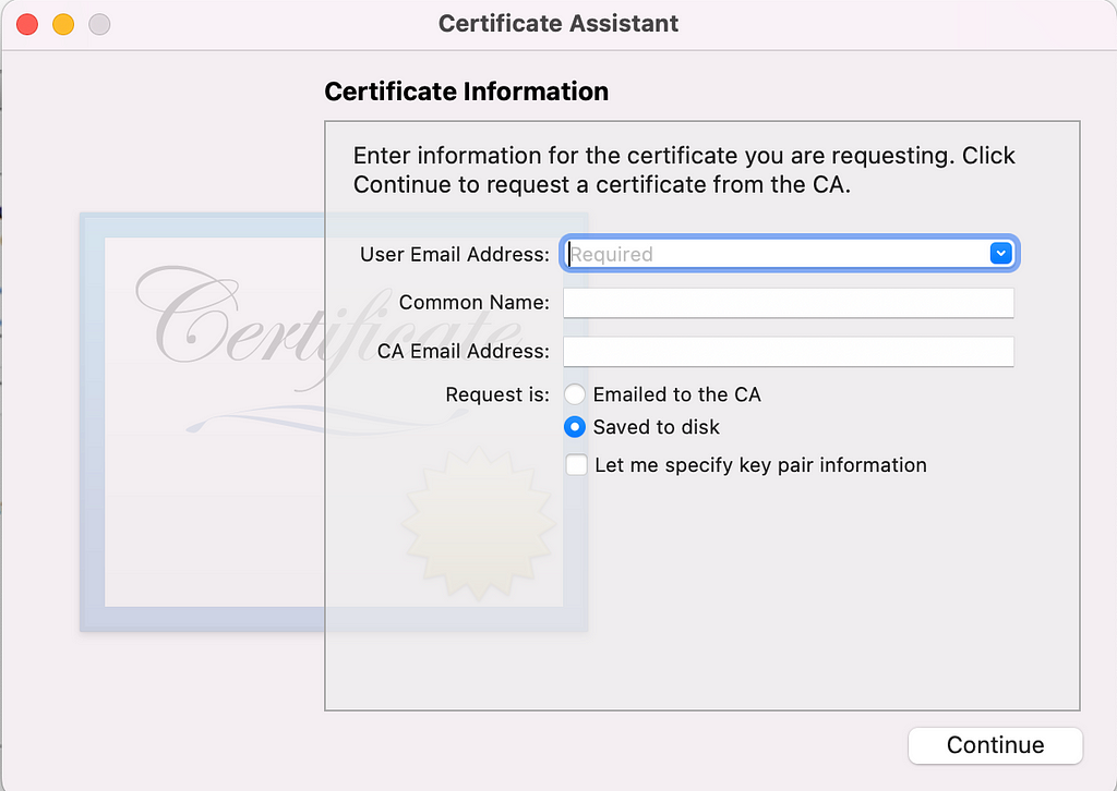 A screenshot of the certificate Assistant window