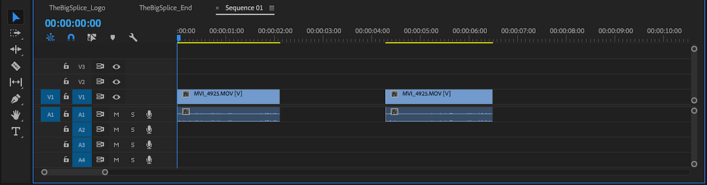 Video timeline with middle splice removed