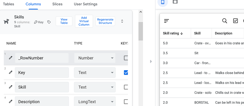 Screenshot from the AppSheet website, showing the editing of data tables and columns on left of screen and on the right there’s a mobile-sized view of the app showing how that data looks in a view on the app.