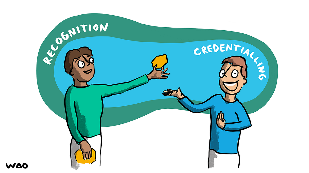 Person giving someone a credential, which exists within a wider culture of recognition