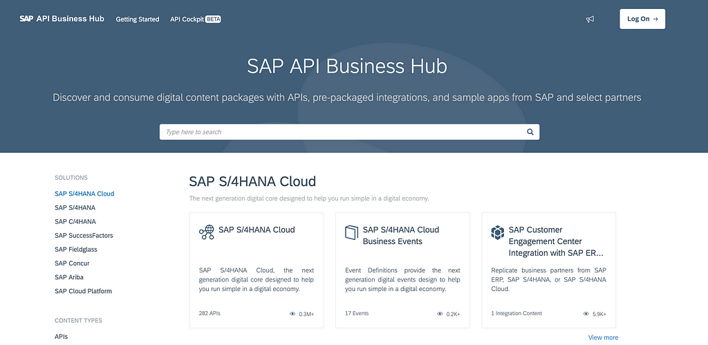 Figure 1 SAP API Business Hub lists all publicly available packages and lets you explore different APIs