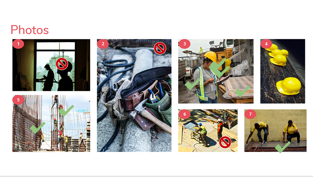 Picture of a google slide with photos of construction work. The photos have checkmarks and red marks to indicate preference.