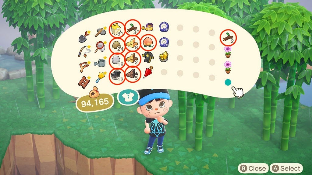 A screenshot of the author’s inventory where stacks of wood, stone, sticks, and customization kits are circled.