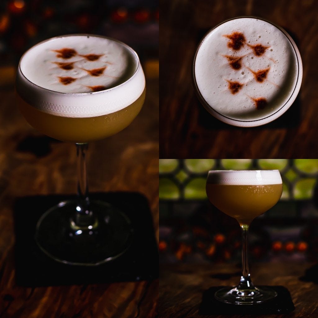 Three photos of the Classic Dry Shake Whiskey sour, with a top view, side view, and diagonal view