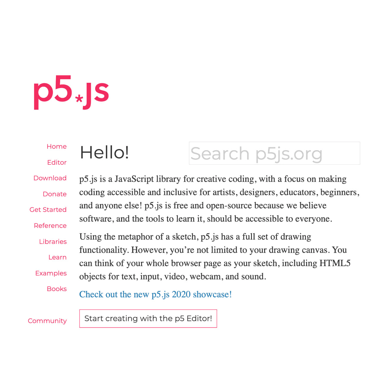 An animated gif of the p5.js homepage with some words translated into Portuguese. A smiley face is animated in the bottom corner.