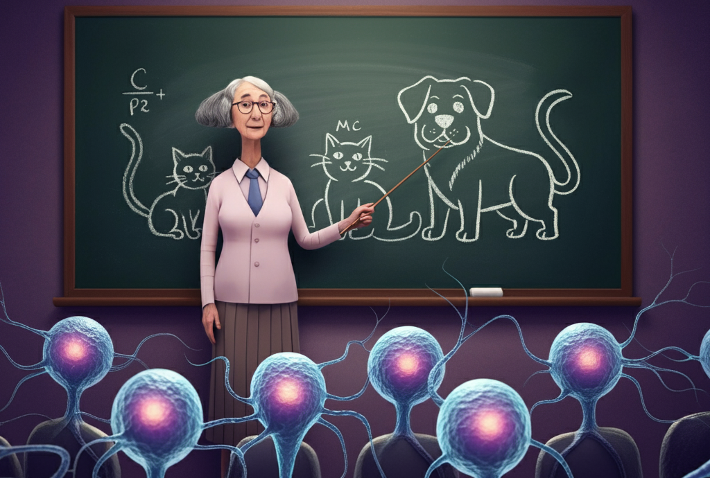 An image of a teacher teaching a class of neurons the difference between cats and dogs.