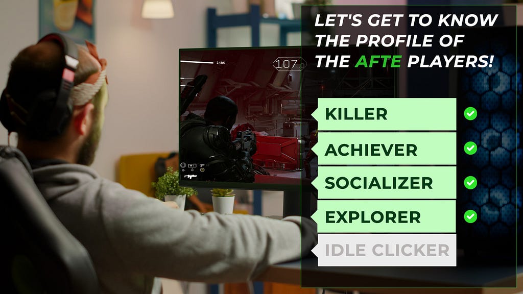 An image with the profiles killer, Achiever, Socializer and Explorer. Background image is a boy with a headset playing videogame
