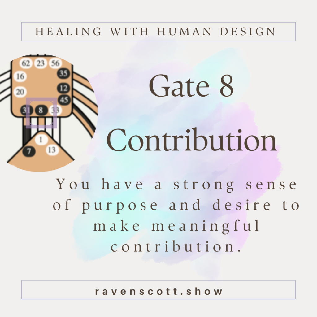 A graphic with the title “Healing with Human Design” at the top. Below, the text reads “Gate 8 Contribution” with a description: “You have a strong sense of purpose and desire to make meaningful contribution.” The image features a Human Design chart highlighting Gate 8. The background has a soft, watercolor effect in pastel shades. At the bottom, the website “ravenscott.show” is displayed.