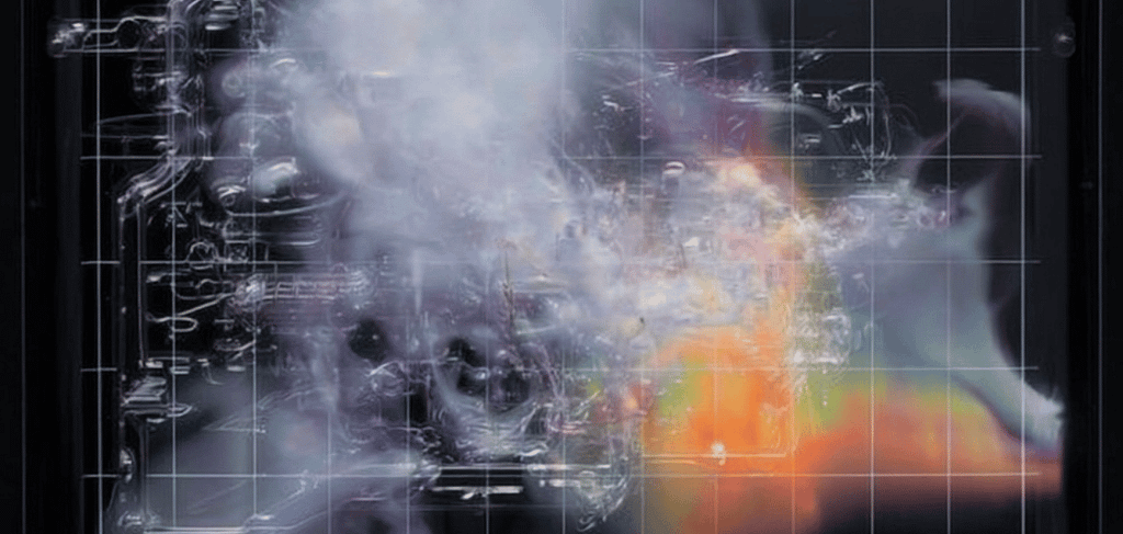 Smoke-like shapes on a computer inspired background