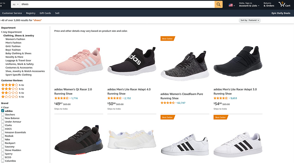 Amazon search with Adidas