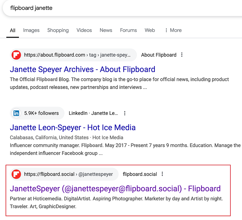 Google search for Mastodon’s Flipboard.Social