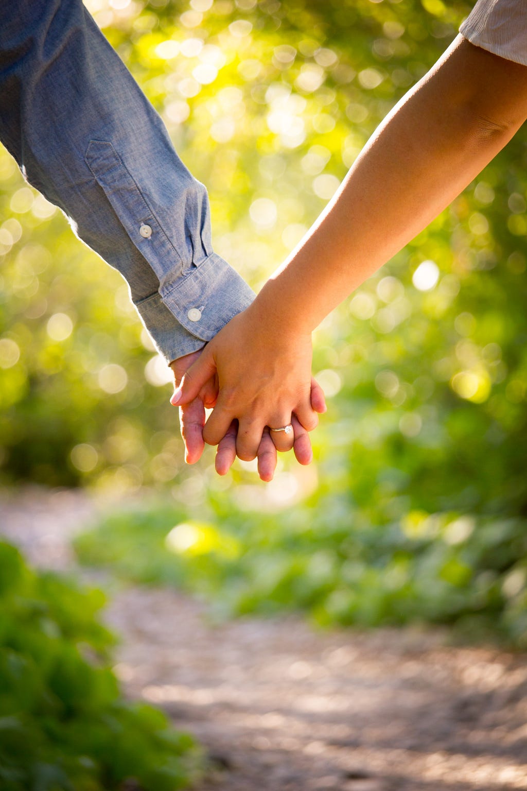 Two people holding hands with a forest background