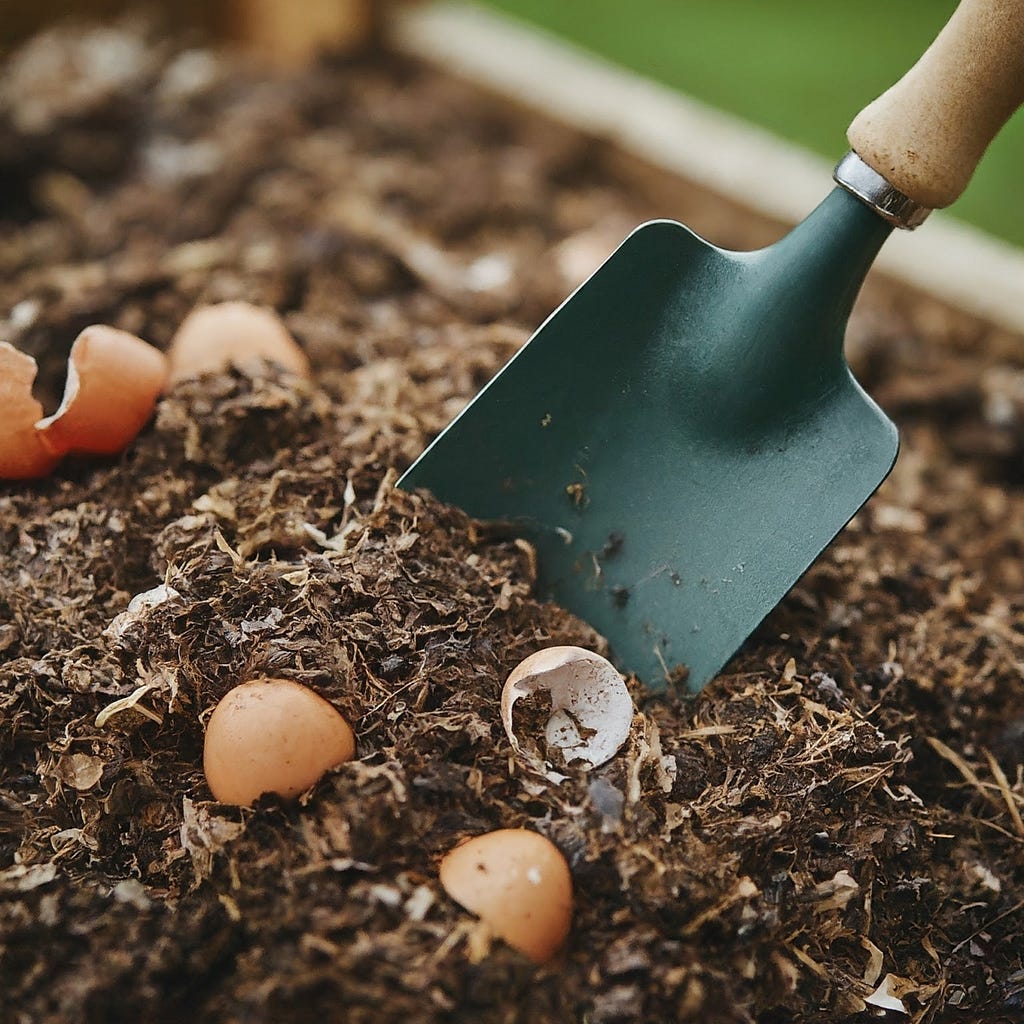 Close-up view of compost material including eggshells and a garden trowel, representing the process of transforming food scraps into nutrient-rich soil, in line with the topic of composting basics and sustainable gardening.