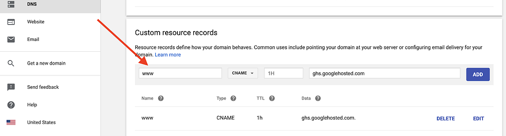 A picture of adding a custom resource record in Google Domains