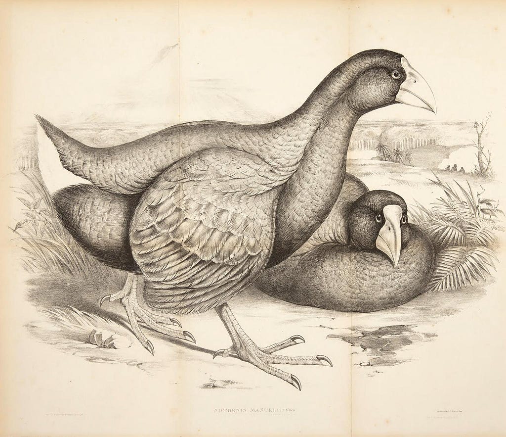 Two flightless birds with large beaks in grassland setting. One is sitting down, the other is standing.
