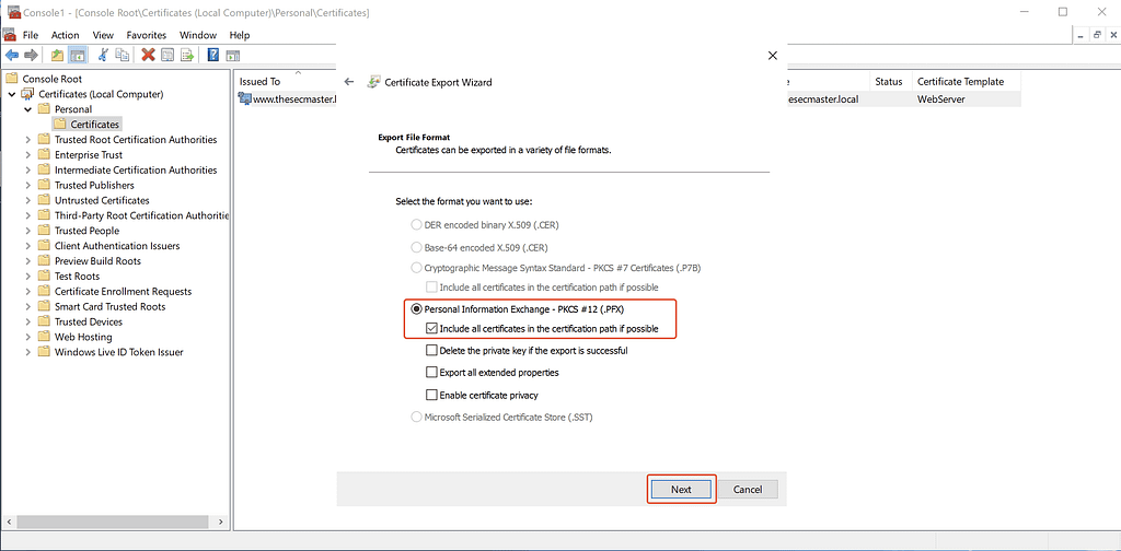 Select PFX Format in the Certificate Export Wizard