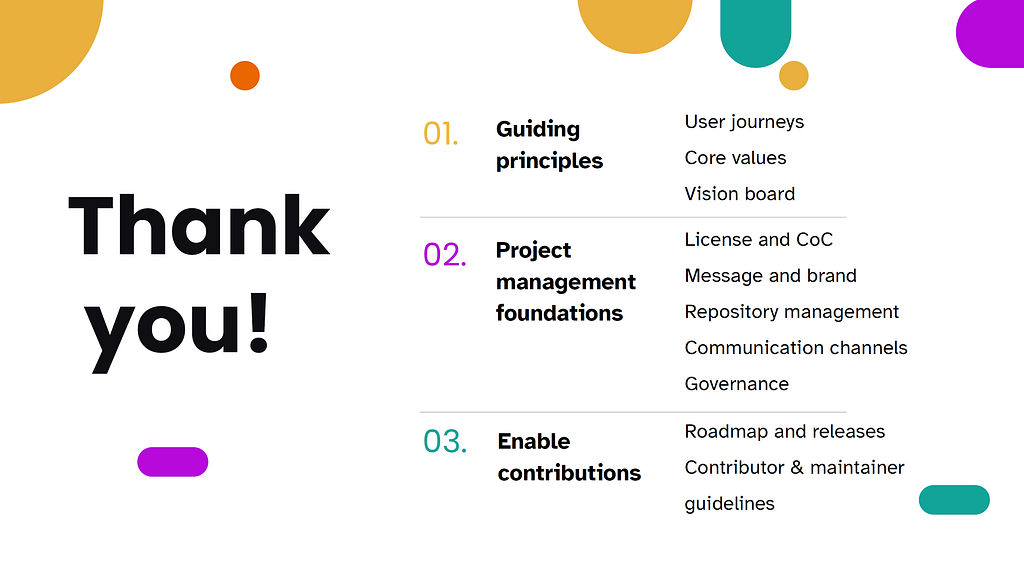 Thank You! Guiding User Journeys principles Core values Vision board Project management foundations License and CoC Message and brand Repository management Communication channels Governance Enable contributions Roadmap and releases Contributor & maintainer guidelines