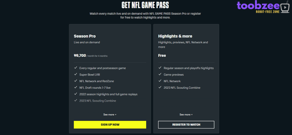 Screenshot of NFL Game Pass plans