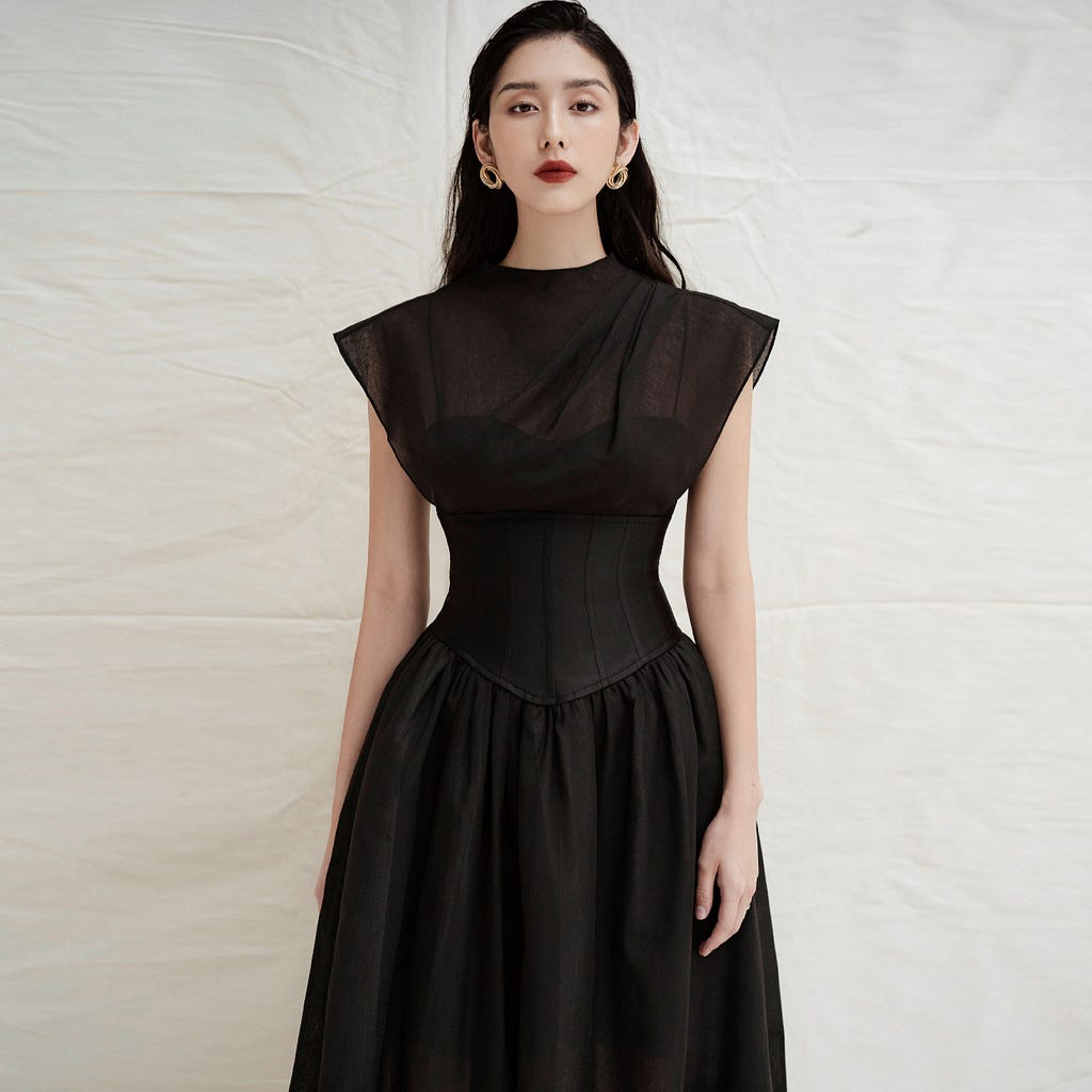 Summer New Texture Pleated Dress Women's High Waist Slim Black Temperament Fashion Perspective Long Skirt Dress