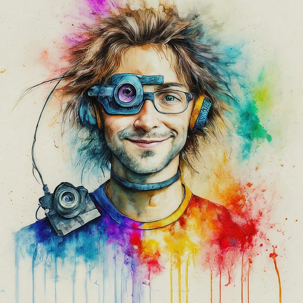 AI generated portrait of me created by Lucas Dixon using Imagen. Prompt: “colorful watercolor cyberpunk painting, a happy portrait of a person with messy hair looking directly at the camera, with a camera mounted on his shoulder, one headphone, and an eyeglass on one eye.”