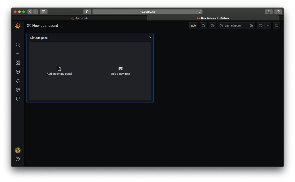 A screenshot of blank new dashboard page in Grafana.