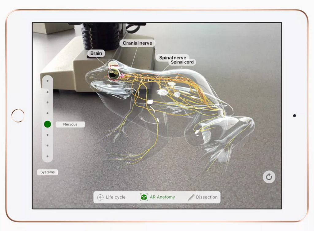 Froggipedia app using Apple’s AR to make a virtual frog. No frogs were hurt in the process