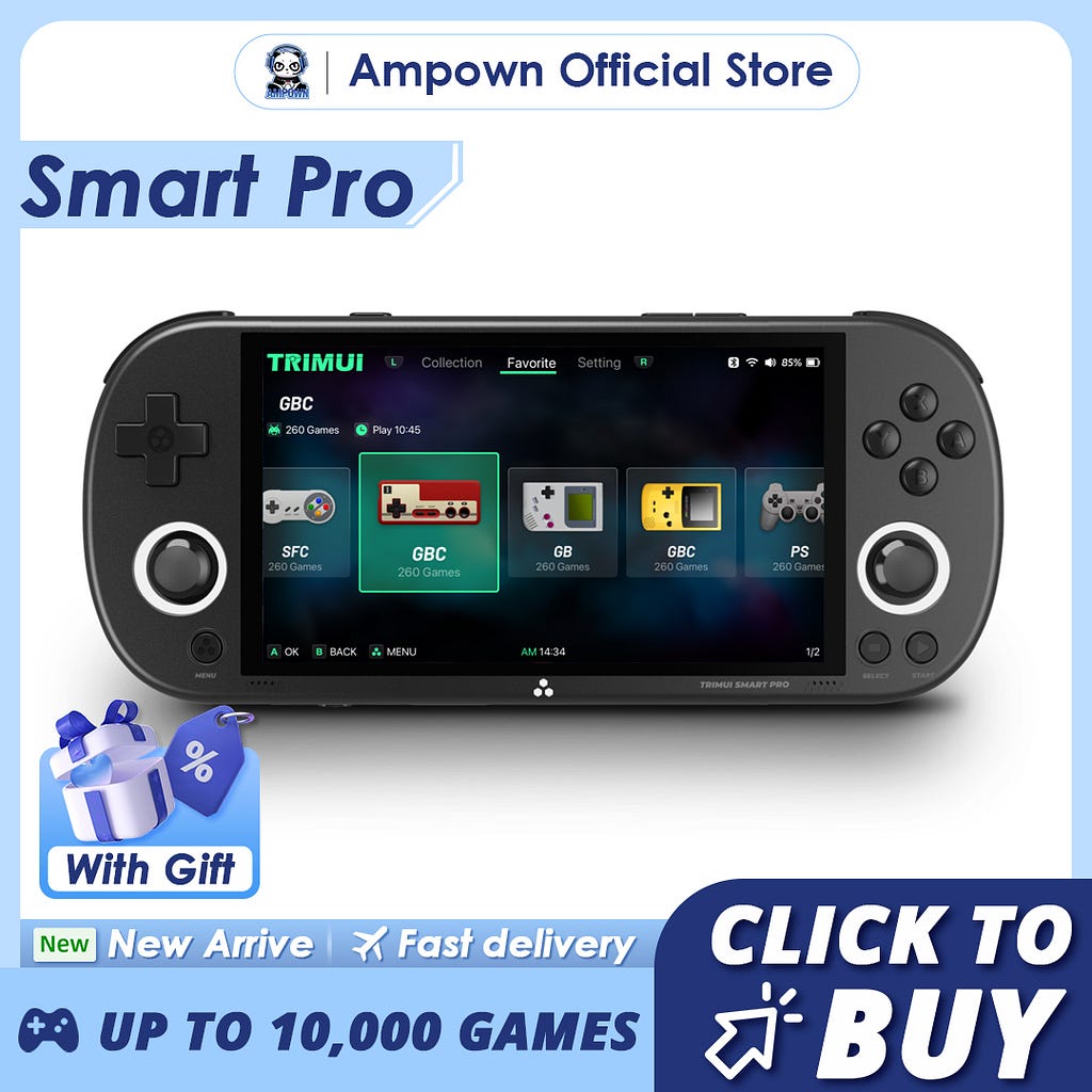 Ampown Smart Pro Handheld Game Console 4.96'' IPS Screen Linux System Joystick RGB Lighting Trimui Retro Video Game Console Gift