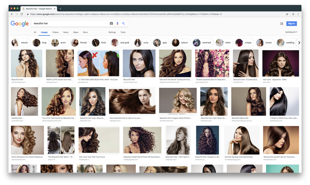 Google SERP for beautiful hair