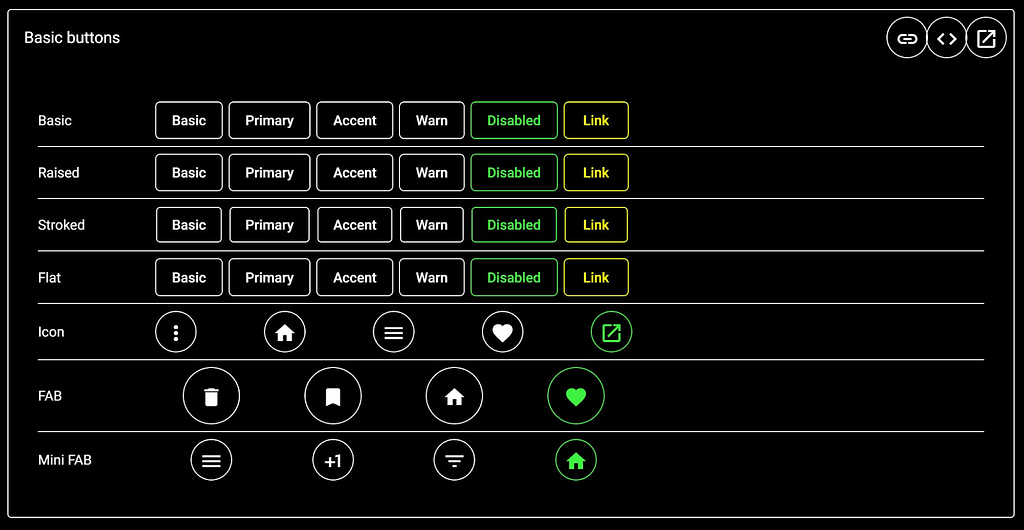 Several button components in different shapes but with components in high contrast mode