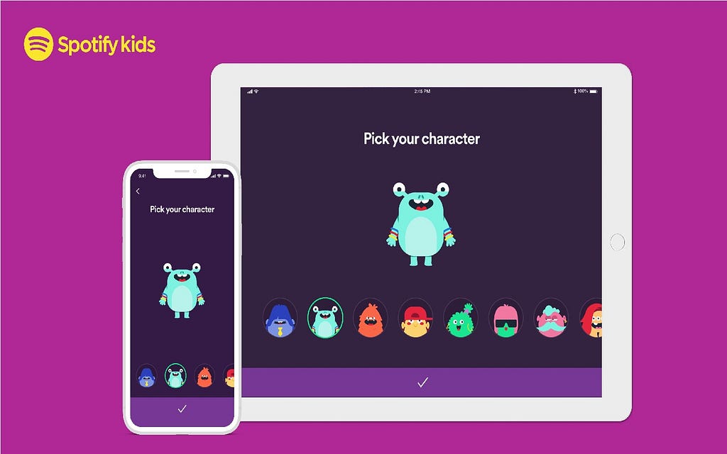 Capturas da tela de avatares do Spotify Kids na versão mobile e tablet. No topo centralizado está um avatar de monstro selecionado e logo abaixo há um scroll com outros avatares.