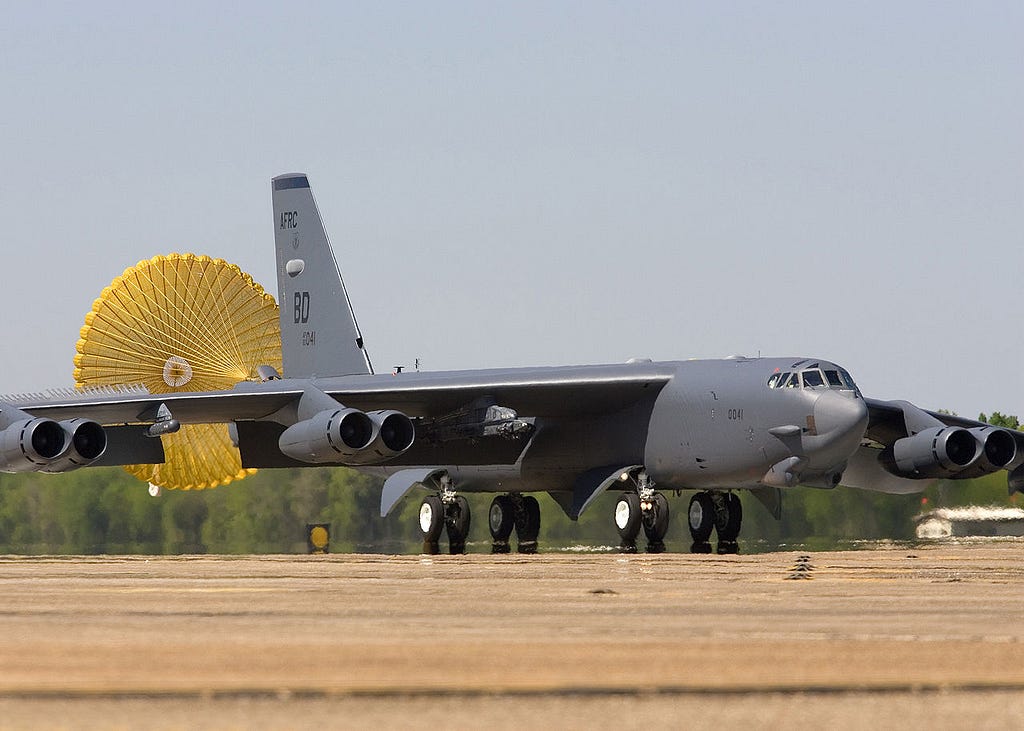 Boeing B-52 Stratofortress Deploying Drogue Parachute while landing