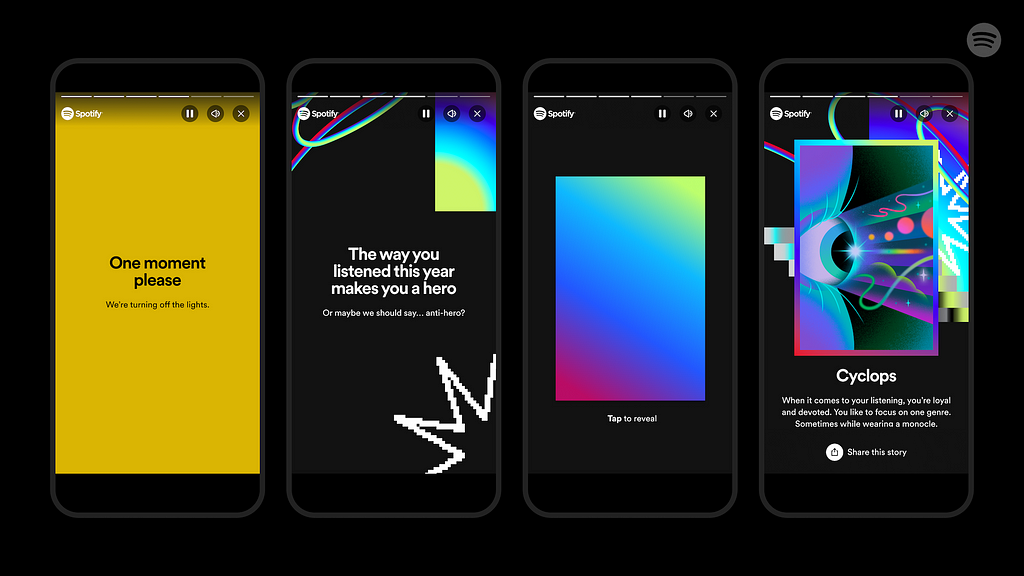 The different mobile app screen mockups showing the interactive/gamified “Me in 2023” for the 2023 Spotify Wrapped—the result reveals the badge of a ‘Cyclops’