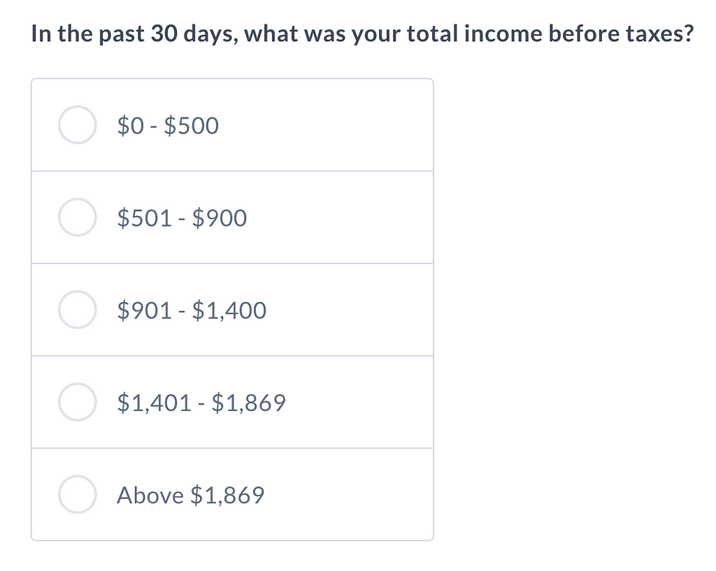 Question about income with radio buttons below