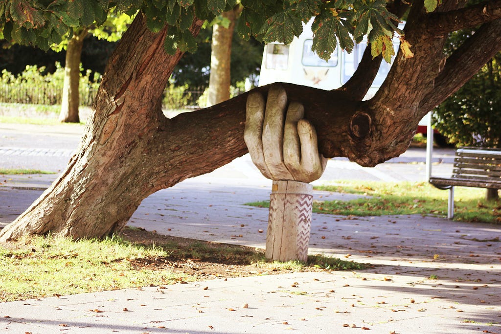 A statue of a hand holding up a tree branch that’s come closer to the ground