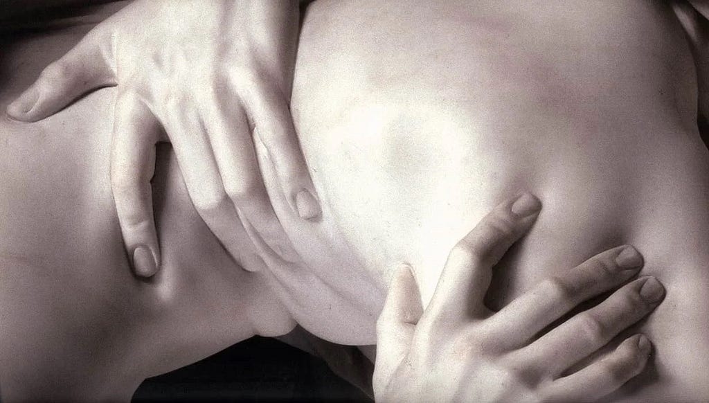 Close up detail of Bernini sculpture, overt sexuality in the old statue, lust held by the marble for us to imagine and have come alive.