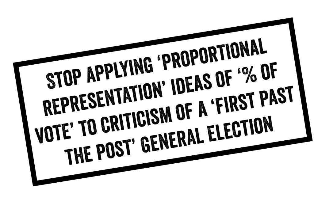 Stamp image with text Stop appling proportional representation ideas of % of vote to criticism of of a first past the post general election