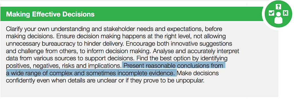 A extract from the civil service competency framework: Making Effective Decisions