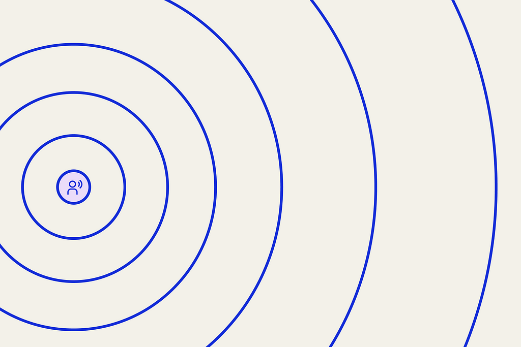 A speaking person icon, with enlarging concentric circles around it, representing a small voice getting louder.