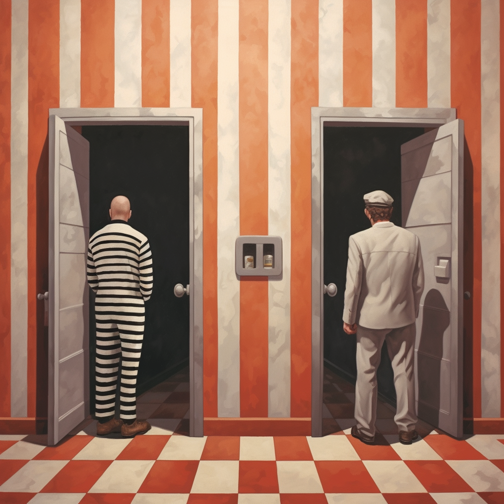 The backs of two prisoners in a red and white house walking into different rooms