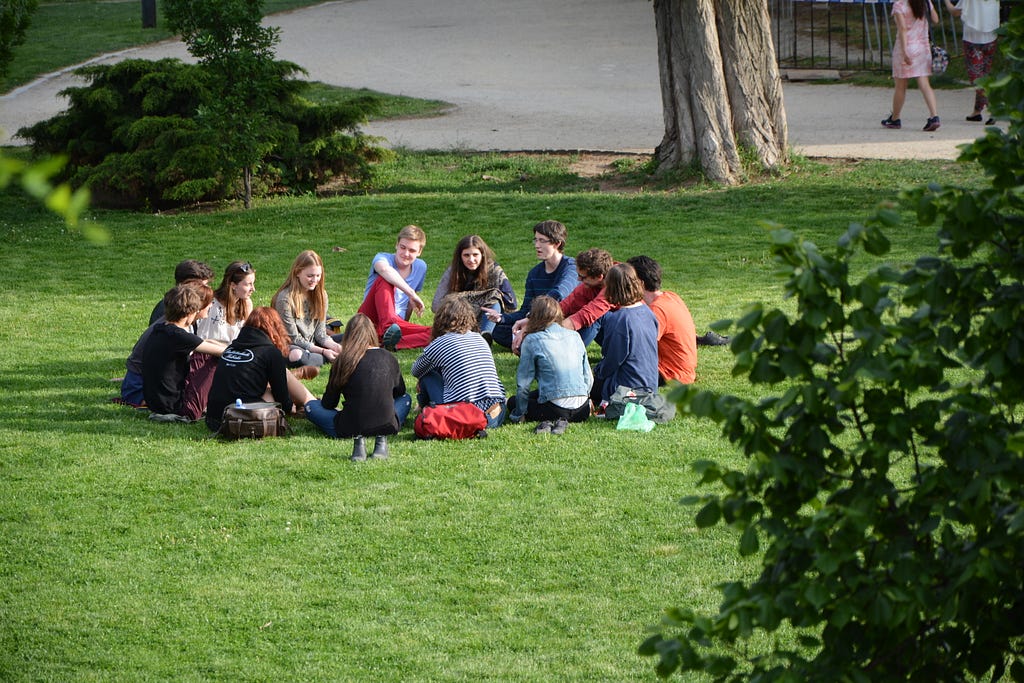 A group of about 14 people sit outside on bright green grass.