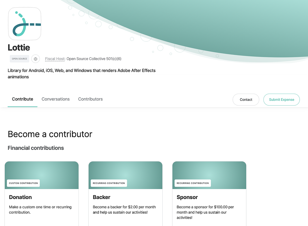 Screenshot of the Lottie Open Collective page