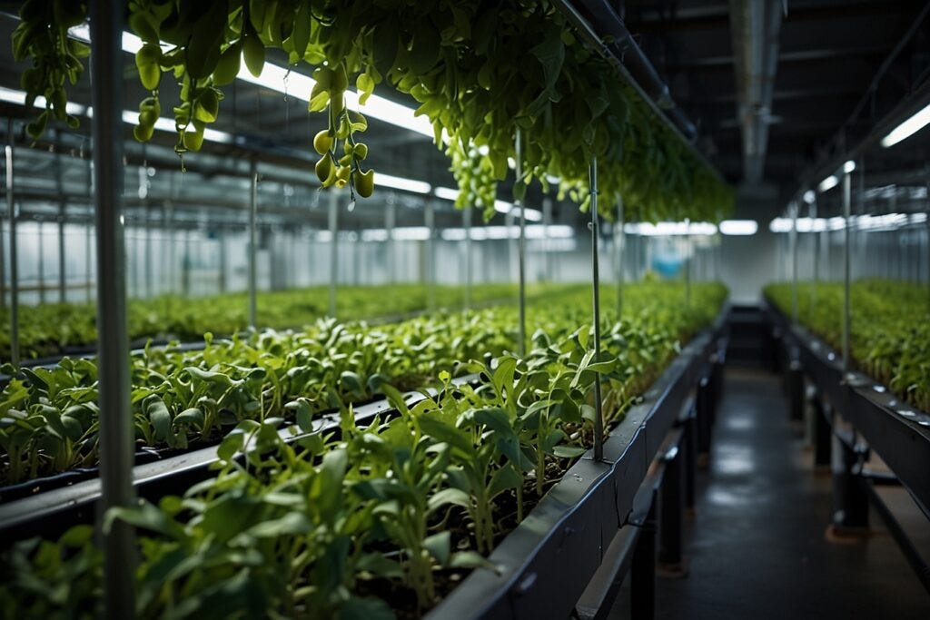 Indoor hydroponic farm with rows of vibrant green peas growing under artificial lighting.