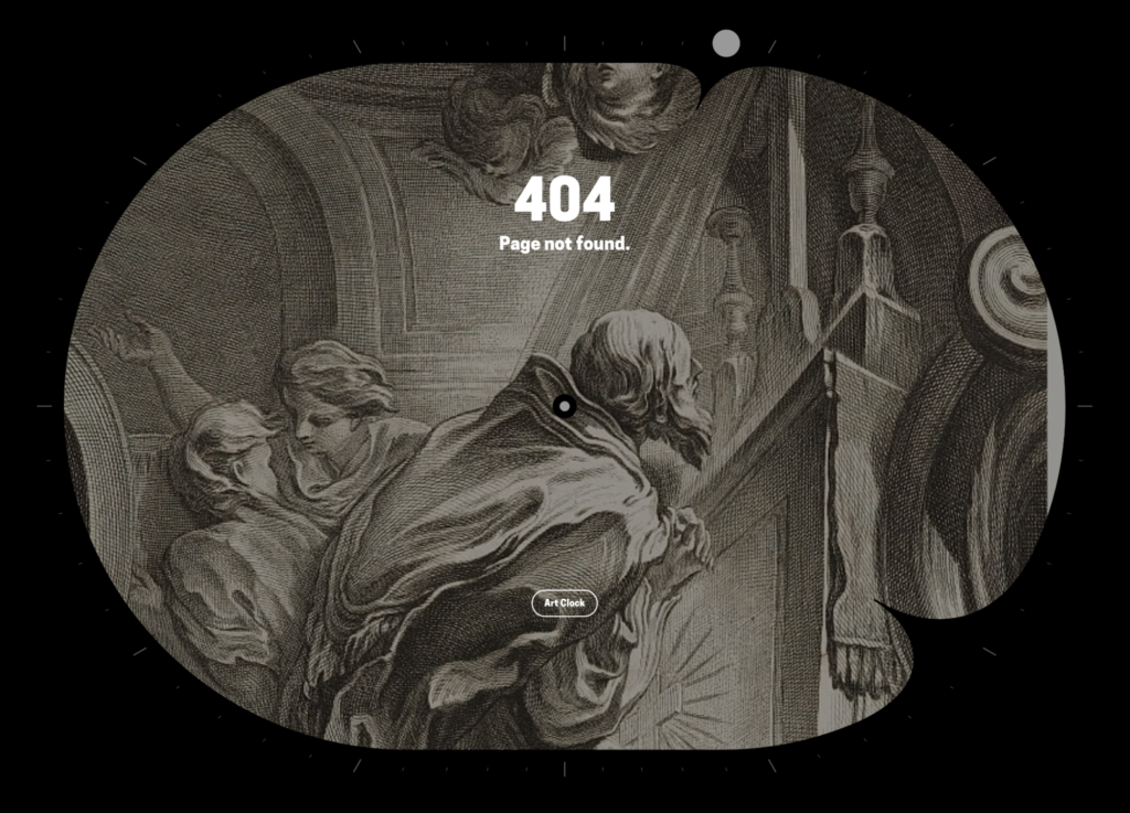 An image of the Art Clock at 4:04 depicting an etching of multiple figures in front of what appears to be a church altar. In the top third of the image is text in white that reads “404, Page not found.”