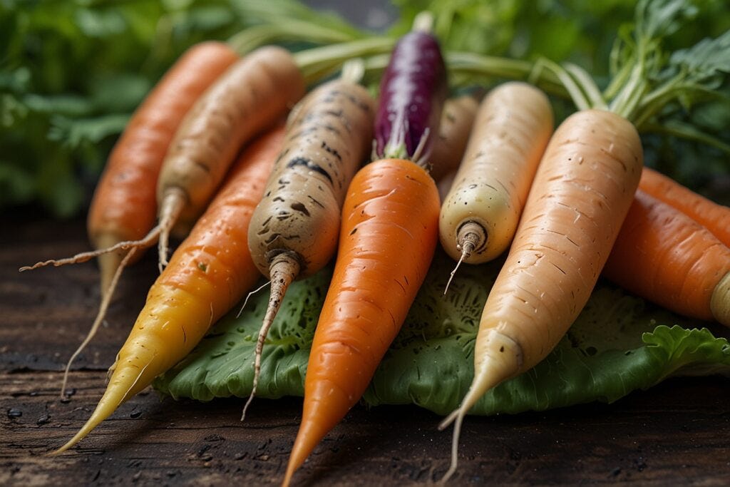 Freshly harvested hydroponic carrots in multiple colors including orange, yellow, and purple, with green tops, lying on a wooden surface.
