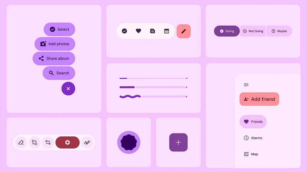 UI design of Google’s Material UI featuring pill-shaped buttons, toggle options, icons, and interaction elements in a vibrant purple and pink color scheme,  showcasing modern, rounded interface components.