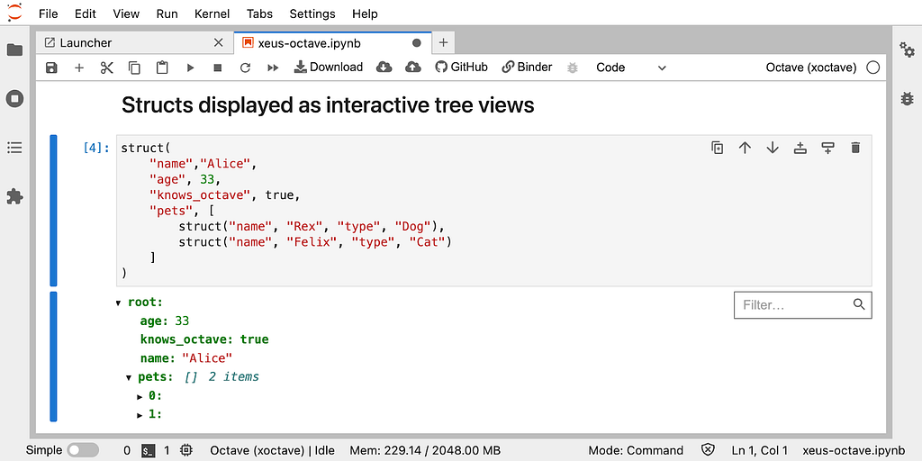 Screenshot of GNU Octave in action in Jupyter with the rich rendering of Octave structured data as interactive tree views.