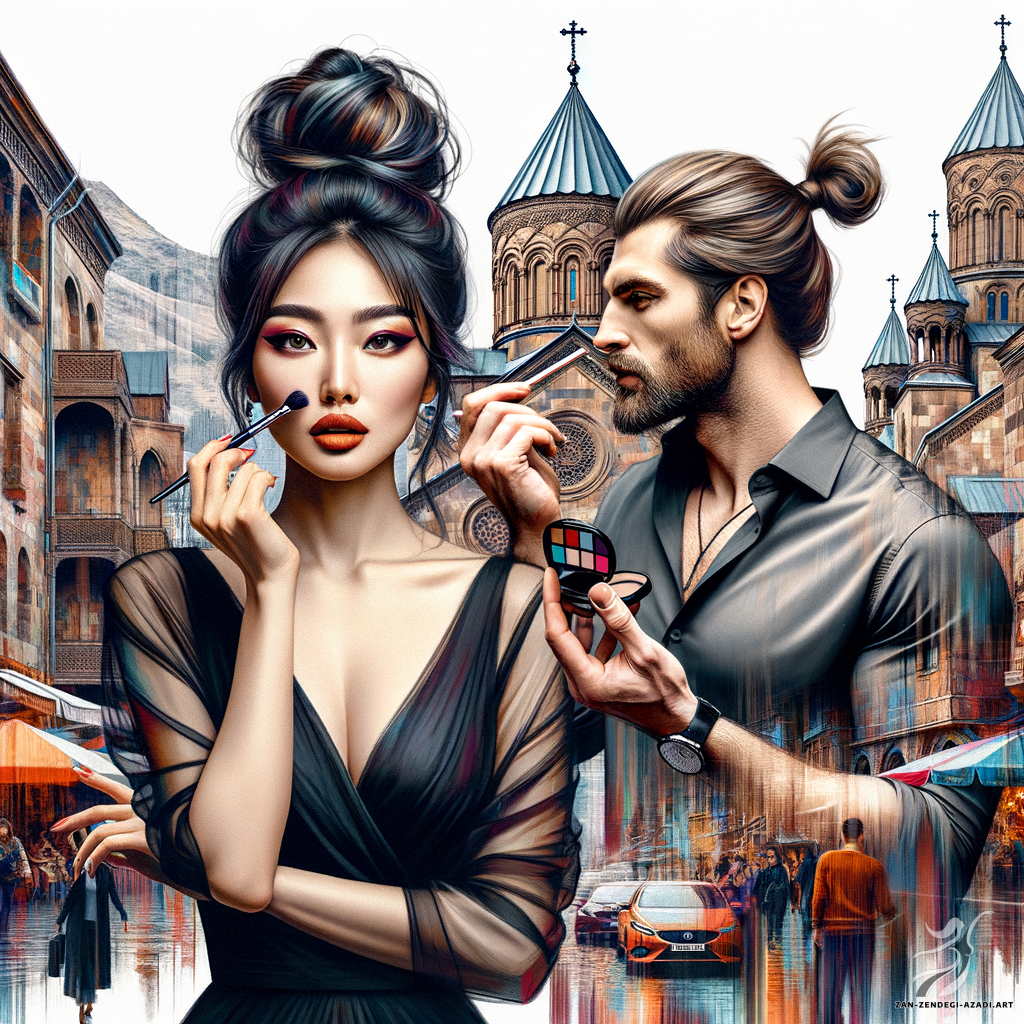 One  women with a top knot hairstyle and wearing little black dress, and one man with a ponytail and wearing shirt dress, are applying makeup tastefully on a street and a cathedral with Armenian architectural influences like Vank Cathedral in the background , rendered with abstract forms and a collage of different perspectives